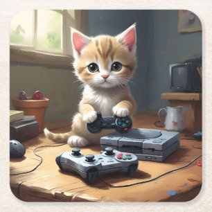 "Pixel Paws: The Gamer Kitten in Action" Square Paper Coaster