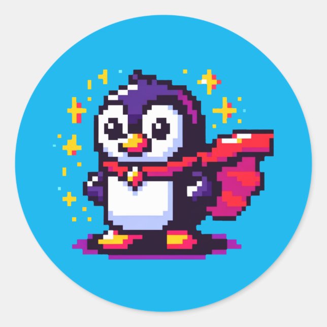 Pixel Penguin Hero: Retro Adventure Classic Round Sticker (Front)