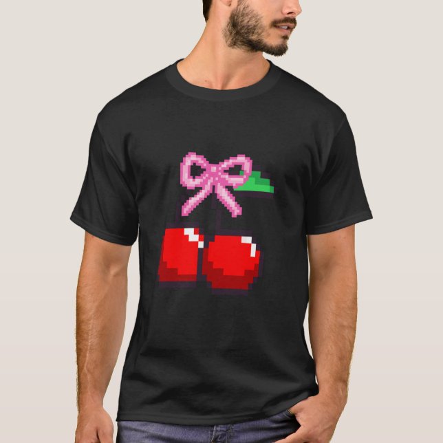Pixel Pink Bows with Cherries Video Game bow for w T-Shirt (Front)