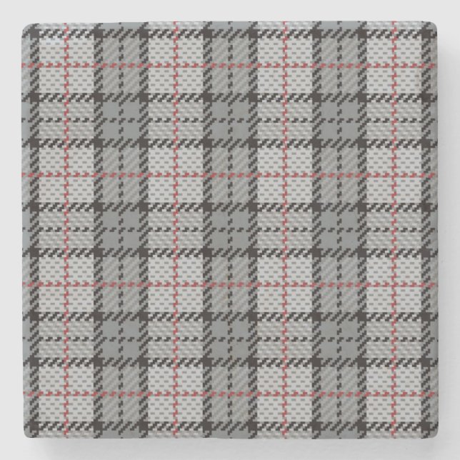Pixel Plaid in Grey with Red Stripe Stone Coaster (Front)