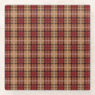 Pixel Plaid in Red and Gold Glass Coaster