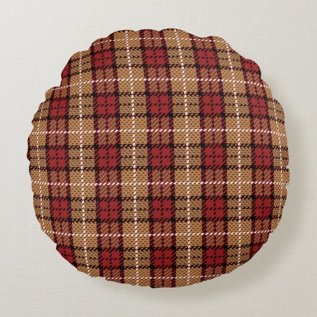 Pixel Plaid in Red and Gold Round Cushion (Front)