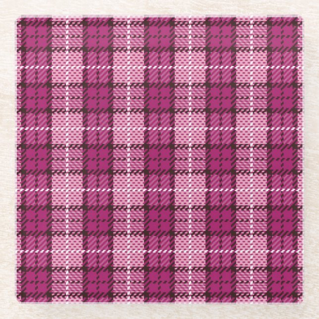 Pixel Plaid_Magenta-Black Glass Coaster (Front)