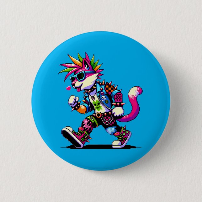 Pixel Punk Cat - 8-Bit Heart & Retro Style 6 Cm Round Badge (Front)