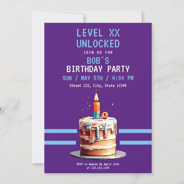 Pixel Purple & Blue Cake Gaming Birthday Invitation (Front)
