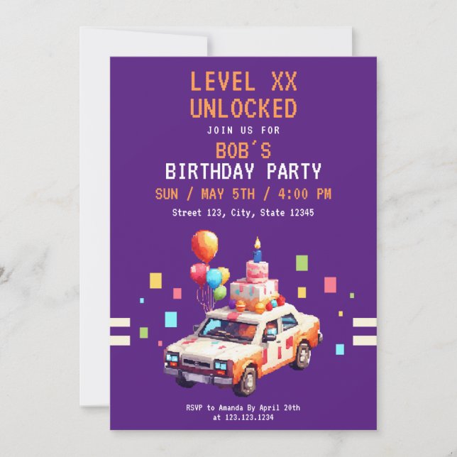 Pixel Purple & Orange Car Gaming Birthday Invitation (Front)