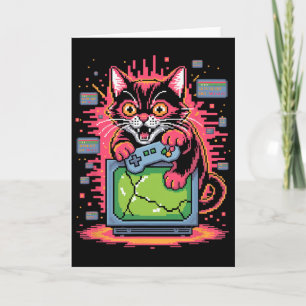 Pixel Rage Cat Retro Gamer Glitch In 8-bit Style 1 Card
