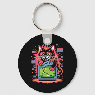 Pixel Rage Cat Retro Gamer Glitch In 8-bit Style 1 Key Ring