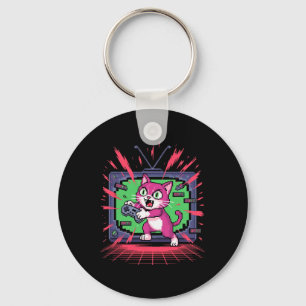 Pixel Rage Cat Retro Gamer Glitch In 8-bit Style 2 Key Ring
