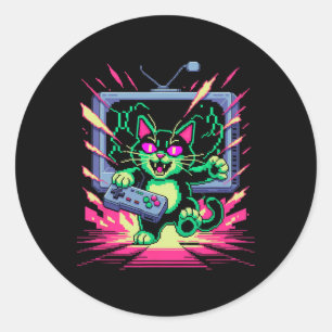 Pixel Rage Cat Retro Gamer Glitch In 8-bit Style  Classic Round Sticker