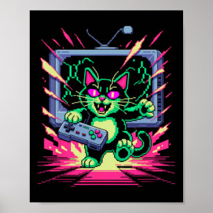 Pixel Rage Cat Retro Gamer Glitch In 8-bit Style  Poster