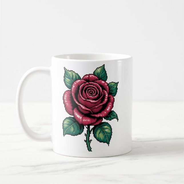Pixel Rose – Retro Floral Art Coffee Mug (Left)