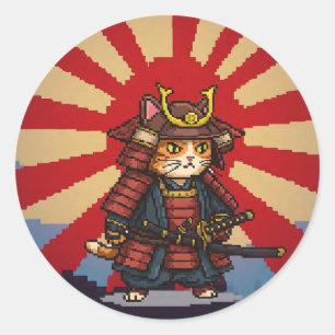 Pixel Samurai Cat  Classic Round Sticker