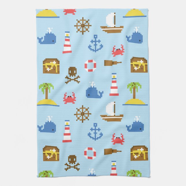 Pixel Sea Art Pattern Tea Towel (Vertical)