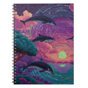 Pixel Sunset Dolphins Cosmic Vortex Notebook