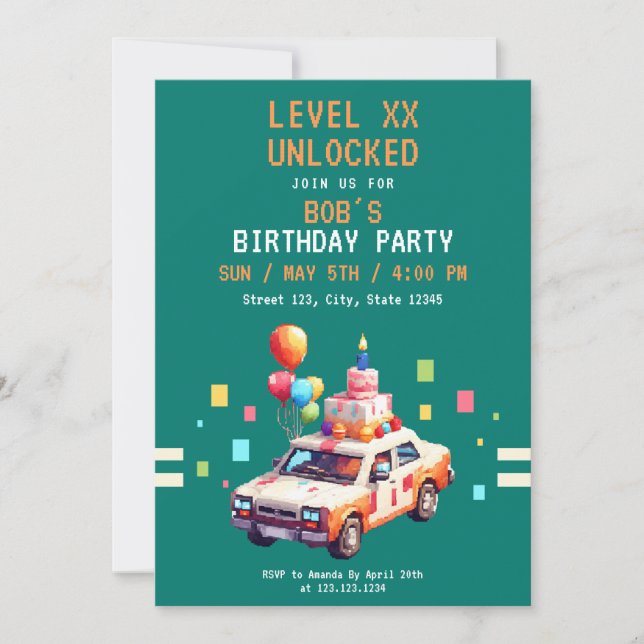 Pixel Teal & Orange Car Gaming Birthday Invitation (Front)