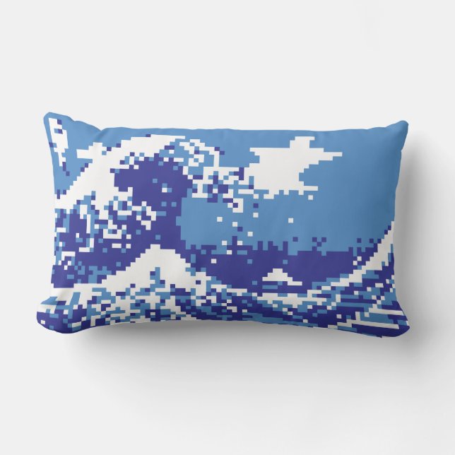 Pixel Tsunami Blue 8 Bit Pixel Art Lumbar Cushion (Front)