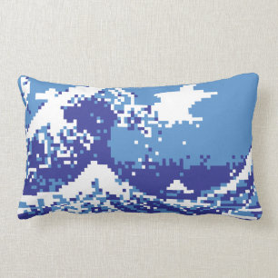 Pixel Tsunami Blue 8 Bit Pixel Art Lumbar Cushion