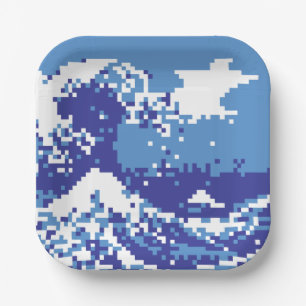 Pixel Tsunami Blue 8 Bit Pixel Art Paper Plate