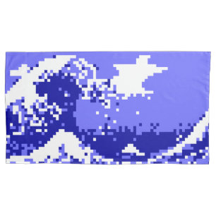 Pixel Tsunami Blue 8 Bit Pixel Art Pillowcase