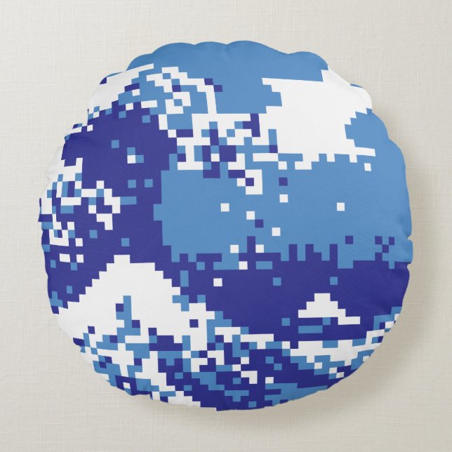 Pixel Tsunami Blue 8 Bit Pixel Art Round Cushion (Front)