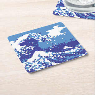 Pixel Tsunami Blue 8 Bit Pixel Art Square Paper Coaster