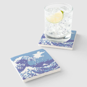 Pixel Tsunami Blue 8 Bit Pixel Art Stone Coaster