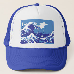 Pixel Tsunami Blue 8 Bit Pixel Art Trucker Hat