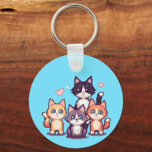 Pixelated Colorful Kitties  Key Ring