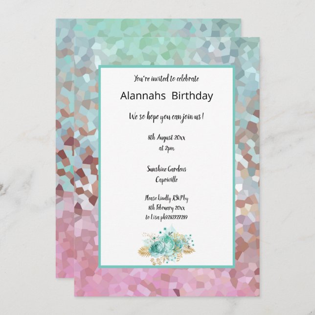 Pixelated Dream Aqua Floral Birthday Invitation (Front/Back)