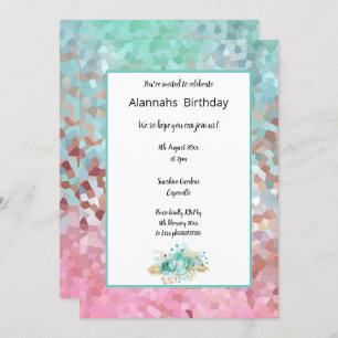 Pixelated Dream Aqua Floral Birthday Invitation