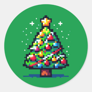 Pixelated Festivity: 8-Bit Christmas Tree Design Classic Round Sticker