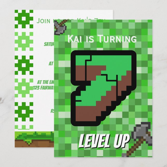 Pixelated Gamer Green Level Up 7th Birthday Invitation (Front/Back)