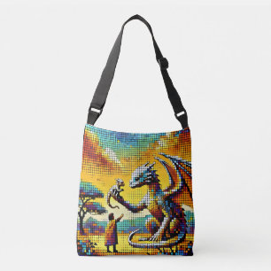 pixelated image of a dragon trainer crossbody bag