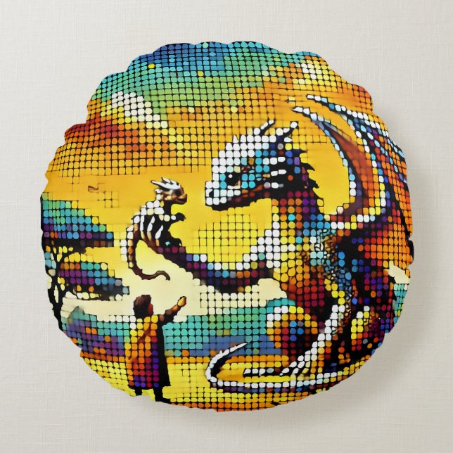 pixelated image of a dragon trainer round cushion (Front)