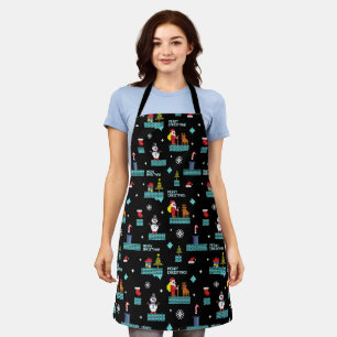 Pixelated Merry Christmas Pattern - Retro Design Apron