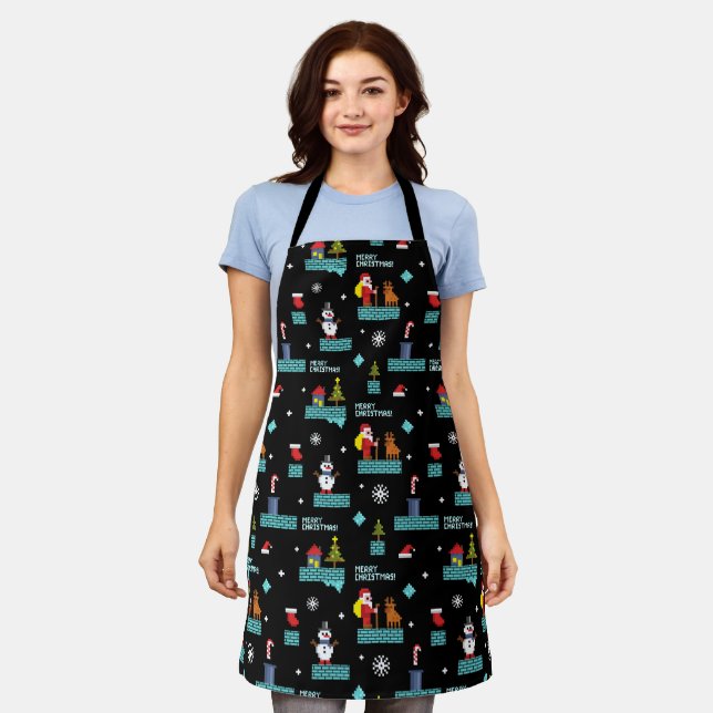 Pixelated Merry Christmas Pattern - Retro Design Apron (Worn)
