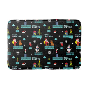 Pixelated Merry Christmas Pattern - Retro Design Bath Mat