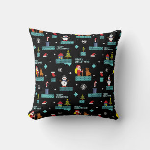 Pixelated Merry Christmas Pattern - Retro Design Cushion