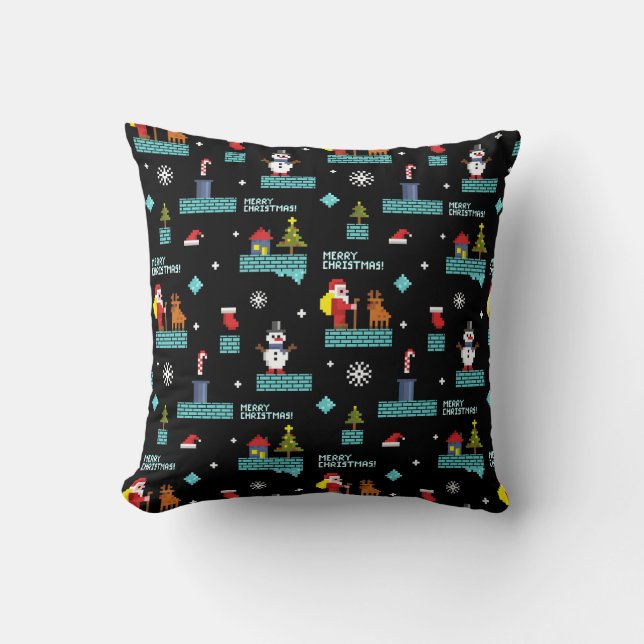 Pixelated Merry Christmas Pattern - Retro Design Cushion (Front)
