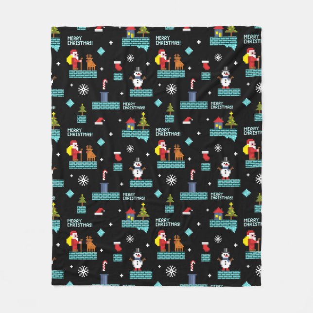 Pixelated Merry Christmas Pattern - Retro Design Fleece Blanket (Front)