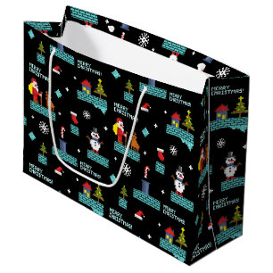 Pixelated Merry Christmas Pattern - Retro Design Large Gift Bag