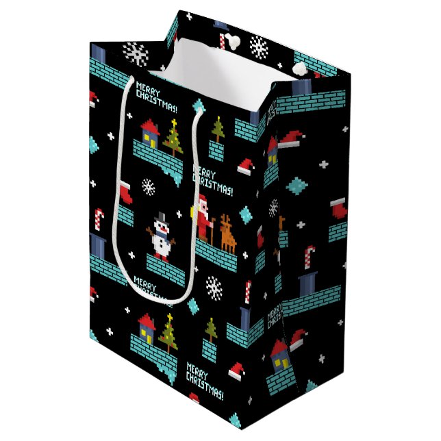 Pixelated Merry Christmas Pattern - Retro Design Medium Gift Bag (Front Angled)