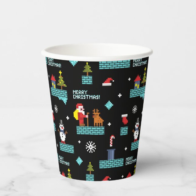 Pixelated Merry Christmas Pattern - Retro Design Paper Cups (Front)