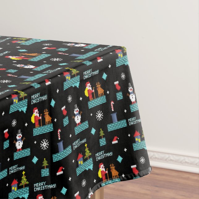 Pixelated Merry Christmas Pattern - Retro Design Tablecloth (In Situ)
