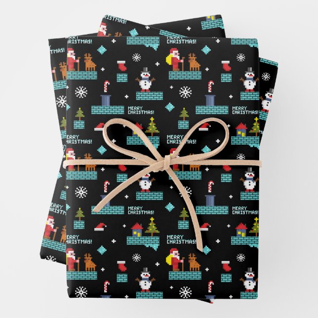 Pixelated Merry Christmas Pattern - Retro Design Wrapping Paper Sheet (In situ)