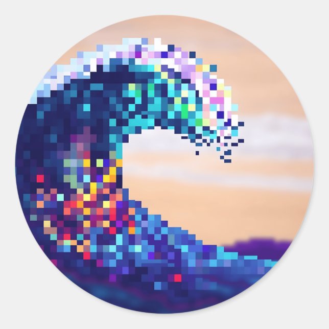Pixelated Ocean Wave Artwork Classic Round Sticker (Front)