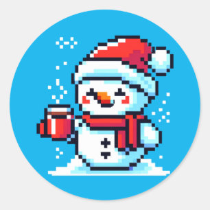 Pixelated Snowman with Coffee - Winter Holiday Art Classic Round Sticker