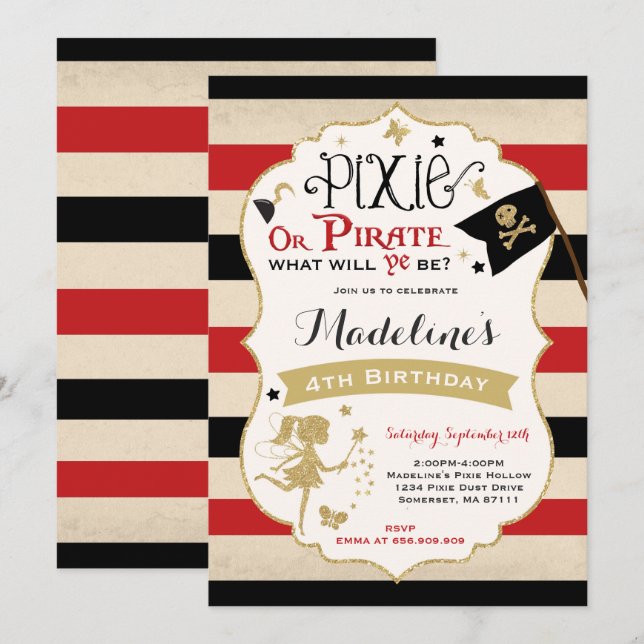 Pixie And Pirate Birthday Invitation Fairy Pirate (Front/Back)