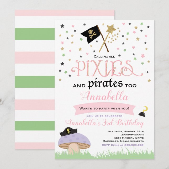 Pixie And Pirate Birthday Invitation Fairy Pirate (Front/Back)